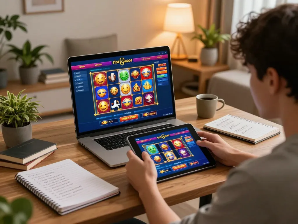 Player engaged in situs slot gacor gaming on a tablet, showcasing vibrant online interface