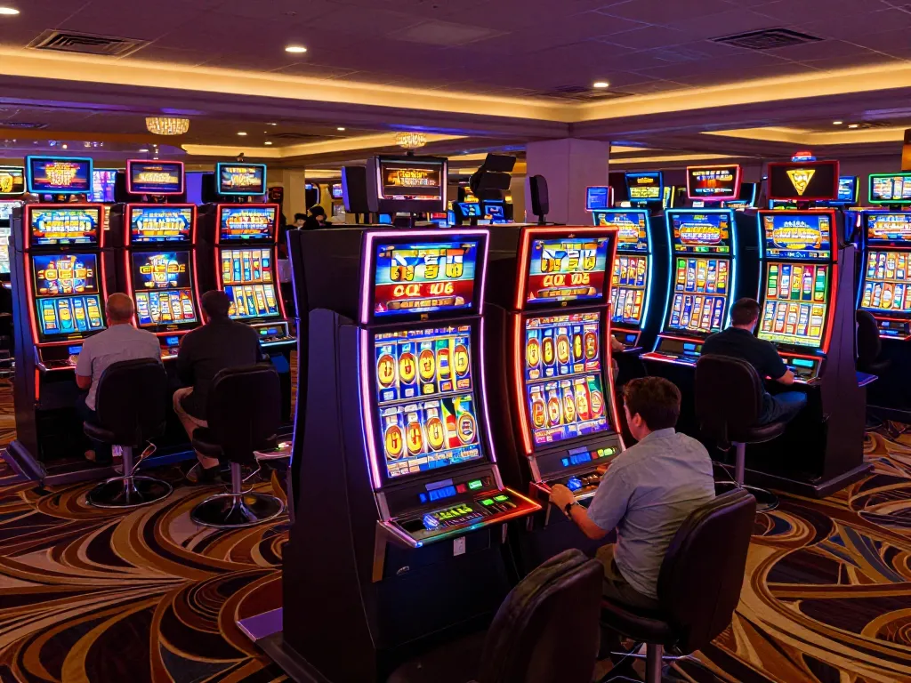 Players enjoying exciting slot games in a vibrant casino atmosphere, showcasing colorful machines and dynamic gameplay.