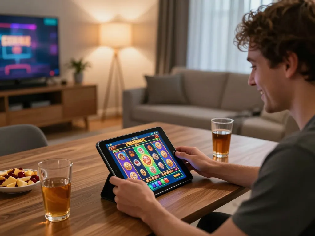 Engaging with a Pragmatic Slot game on a tablet in a cozy home gaming setup.