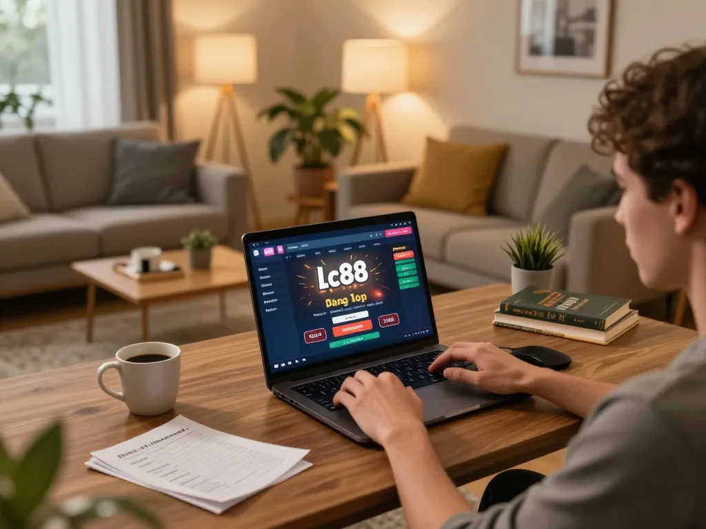 Engaging Lc88 đăng nhập scene featuring online gaming on a laptop in a cozy home setup.