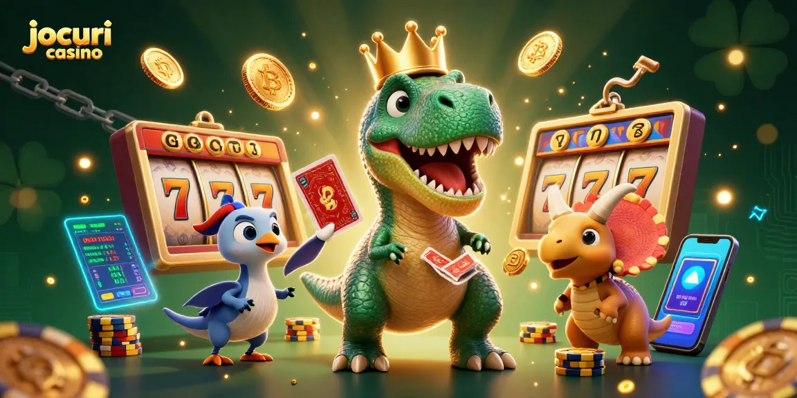 Joacă jocuri casino cu un dinozaur prietenos și asistenți în această ilustrație 3D captivantă.
