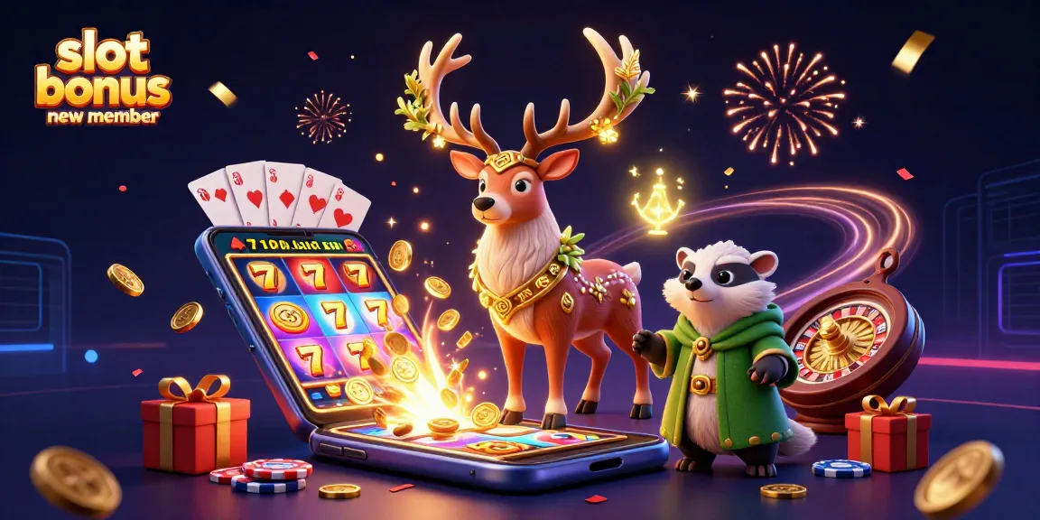 Join the fun with slot bonus new member visuals featuring dynamic casino elements, unique characters, and vibrant graphics.