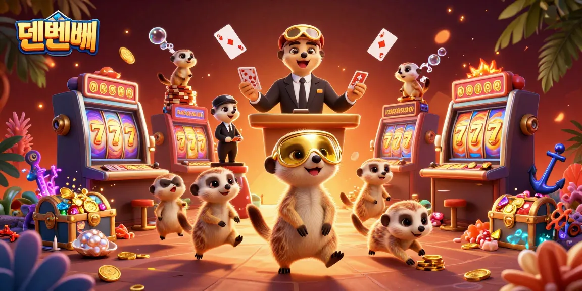 Experience thrilling gameplay at 텐텐벳 casino with meerkats managing a vibrant scene of slot machines.
