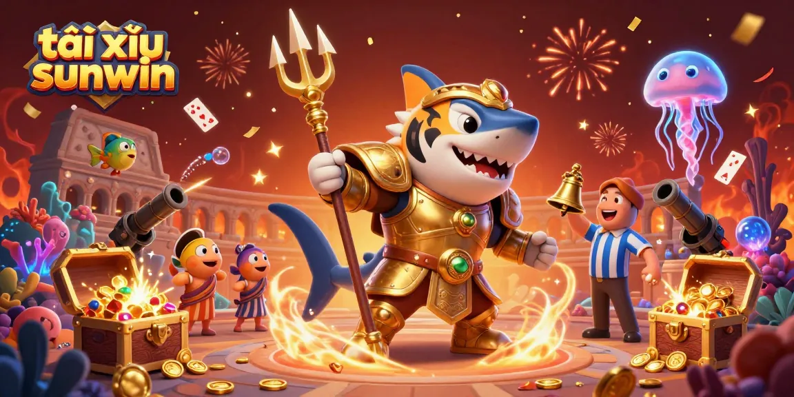 Tài xỉu sunwin features an energetic underwater scene showcasing a shark gladiator and treasure, perfect for gaming excitement.