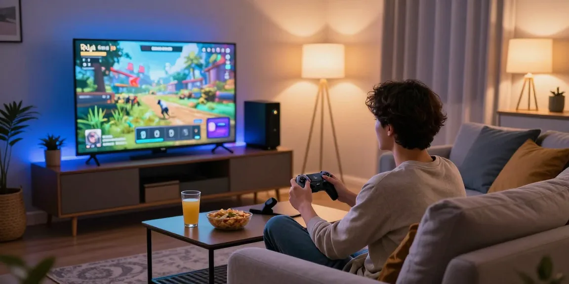 Engaged player using Raja Game login on a modern gaming console in a cozy living room.
