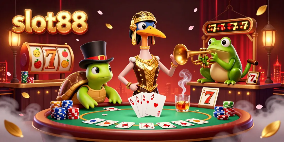 Bermain slot88 dengan suasana ceria, menggambarkan karakter lucu dan elemen judi yang dinamis.