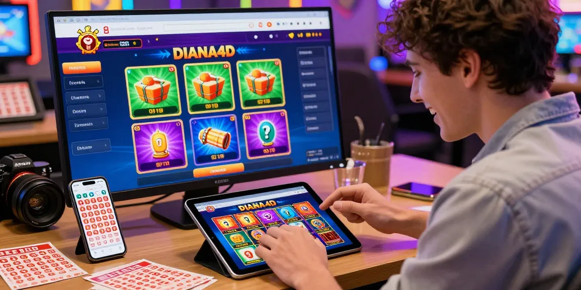 Pengguna DIANA4D sedang menikmati platform togel online sambil memegang tablet, dikelilingi tiket dan grafik menarik.