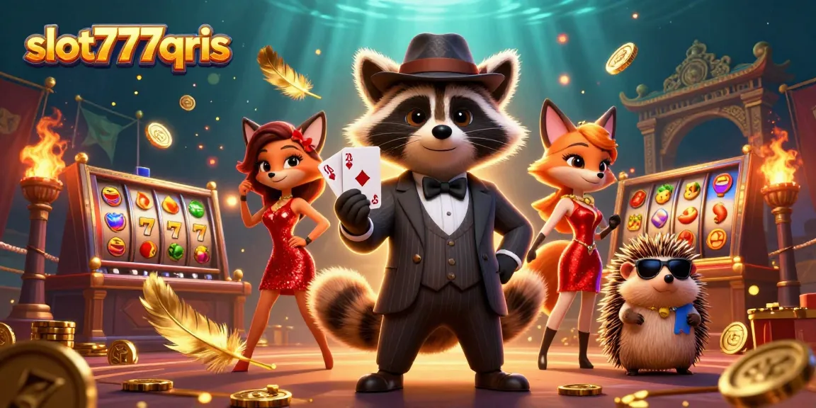 Engage in thrilling gameplay with slot777qris featuring a raccoon and fox in a vibrant casino scene.
